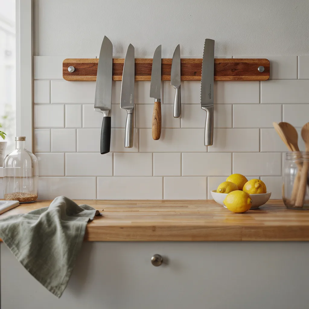 Magnetic walnut strip holding knives on backsplash
