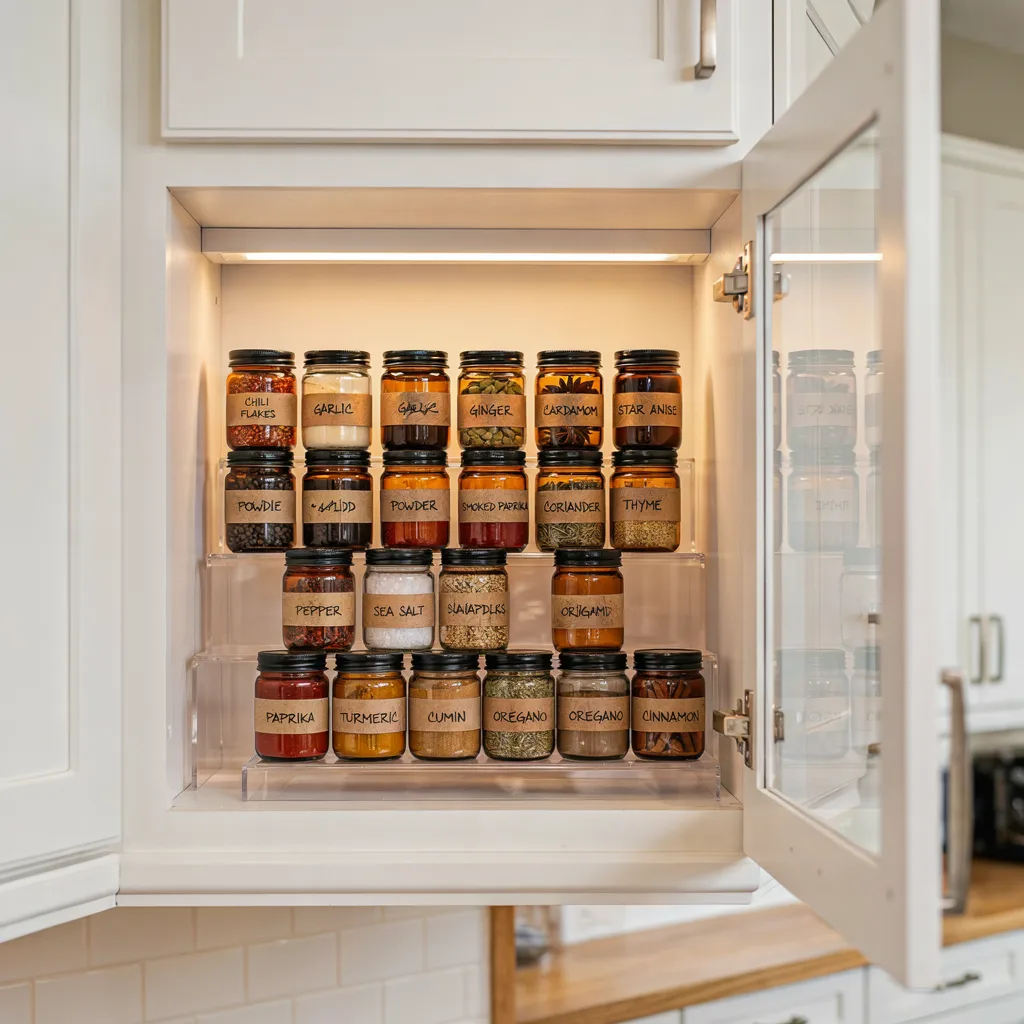 Tiered acrylic risers displaying labeled spice jars

