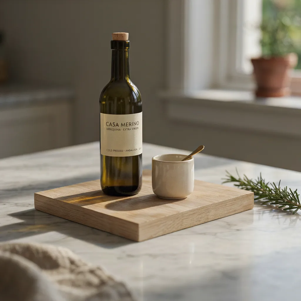 Wooden riser holding olive oil and salt cellar near the cooktop
