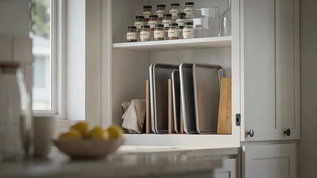 Organized kitchen cabinet with vertical baking sheet dividers