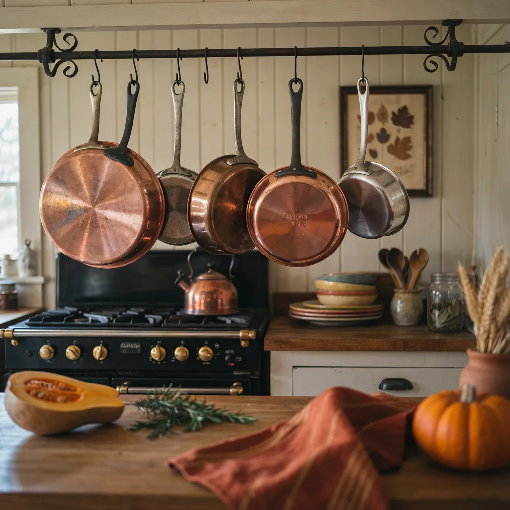 Polished copper pots hanging from a wall-mounted rack above a stove