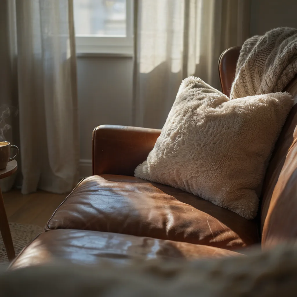 Sherpa-lined throw pillow on leather chair
