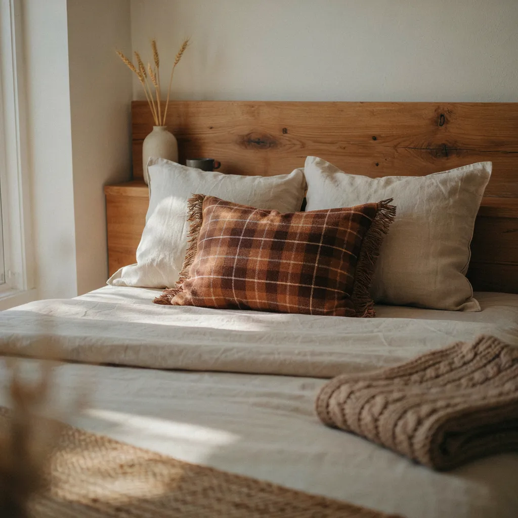 Brown and rust plaid lumbar pillow styled on a neutral bed

