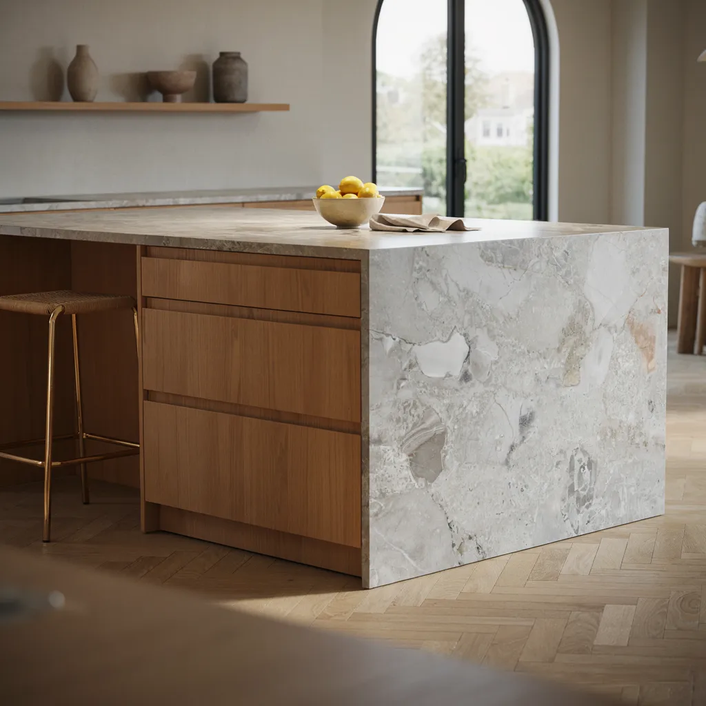 Waterfall-edge quartzite countertop on kitchen island