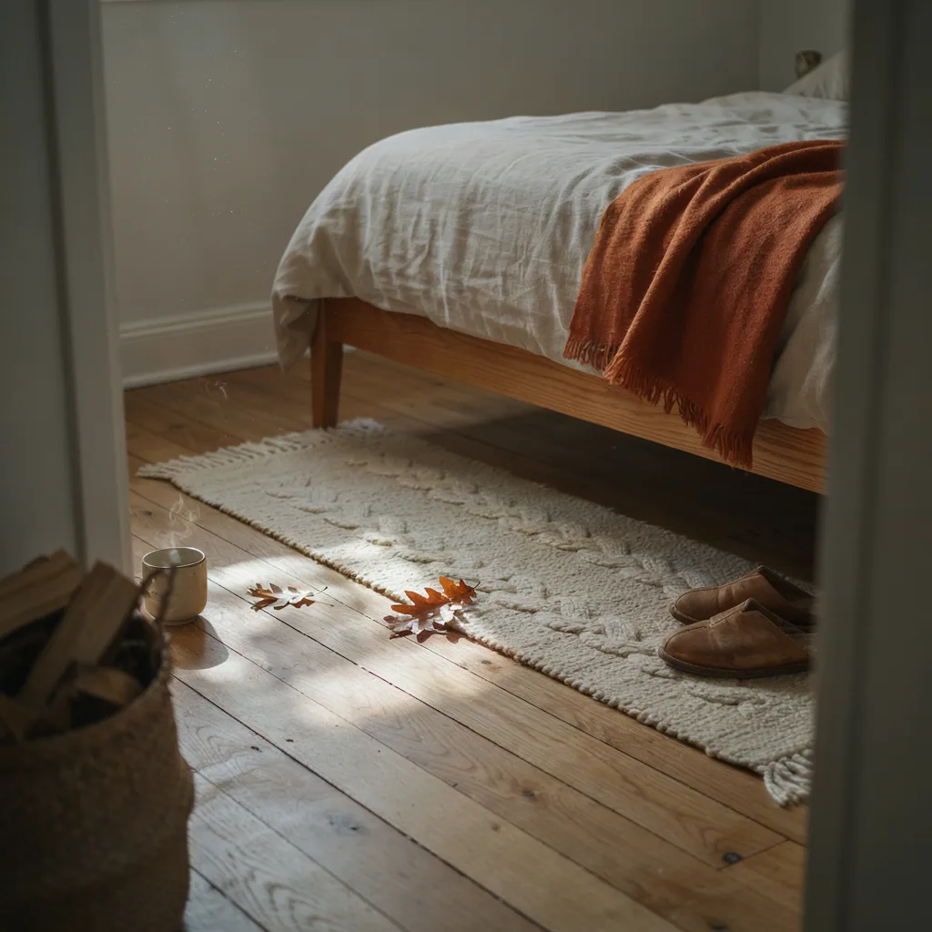 Braided cream wool runner rug at the foot of a wooden bed frame