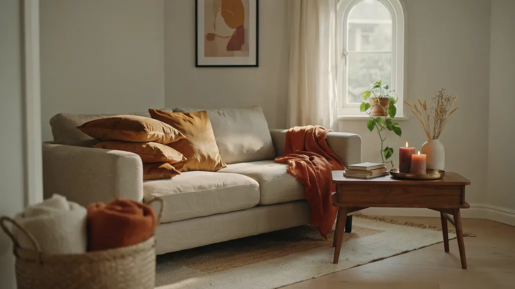 Modern fall living room with amber cushions and walnut table