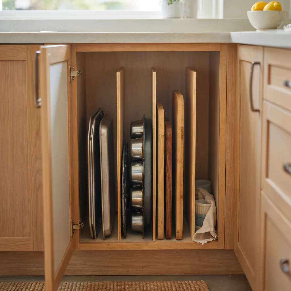 Vertical dividers holding baking sheets upright in cabinet
