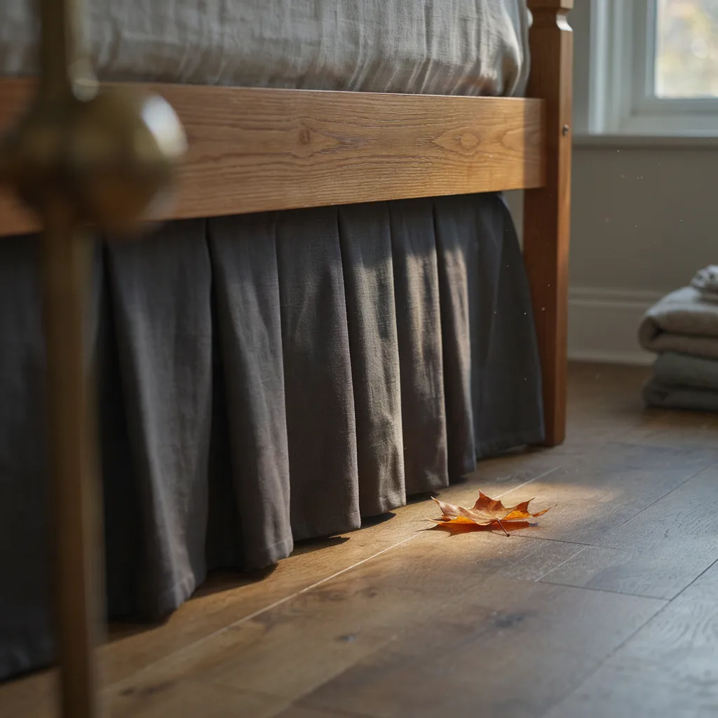 Charcoal linen bed skirt hanging neatly beneath a wooden bed frame

