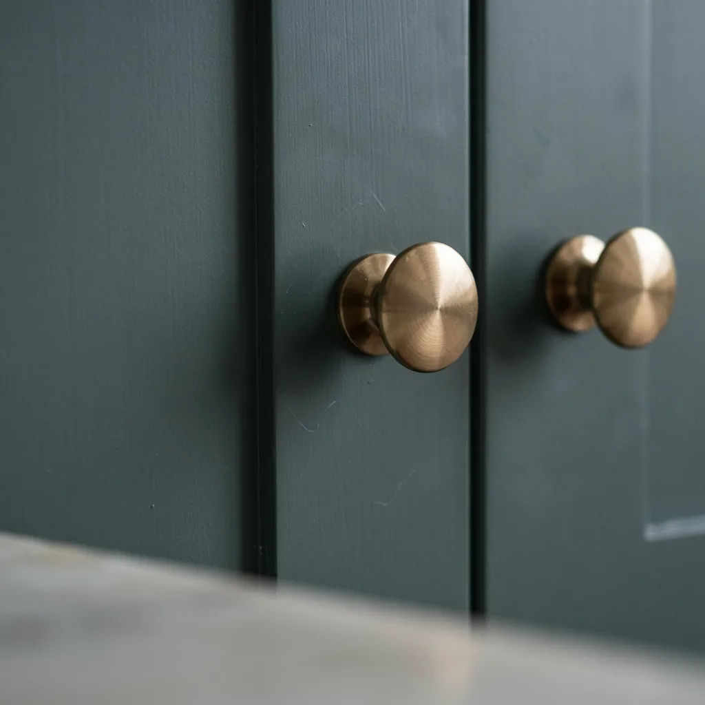 Brushed brass cabinet pulls mounted on dark green kitchen cabinets