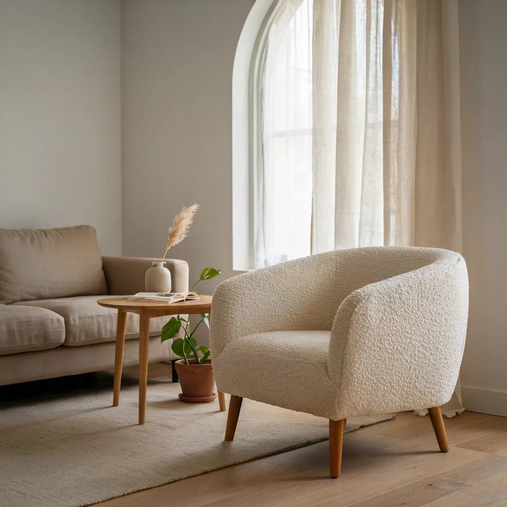 Cream bouclé accent armchair in living room
