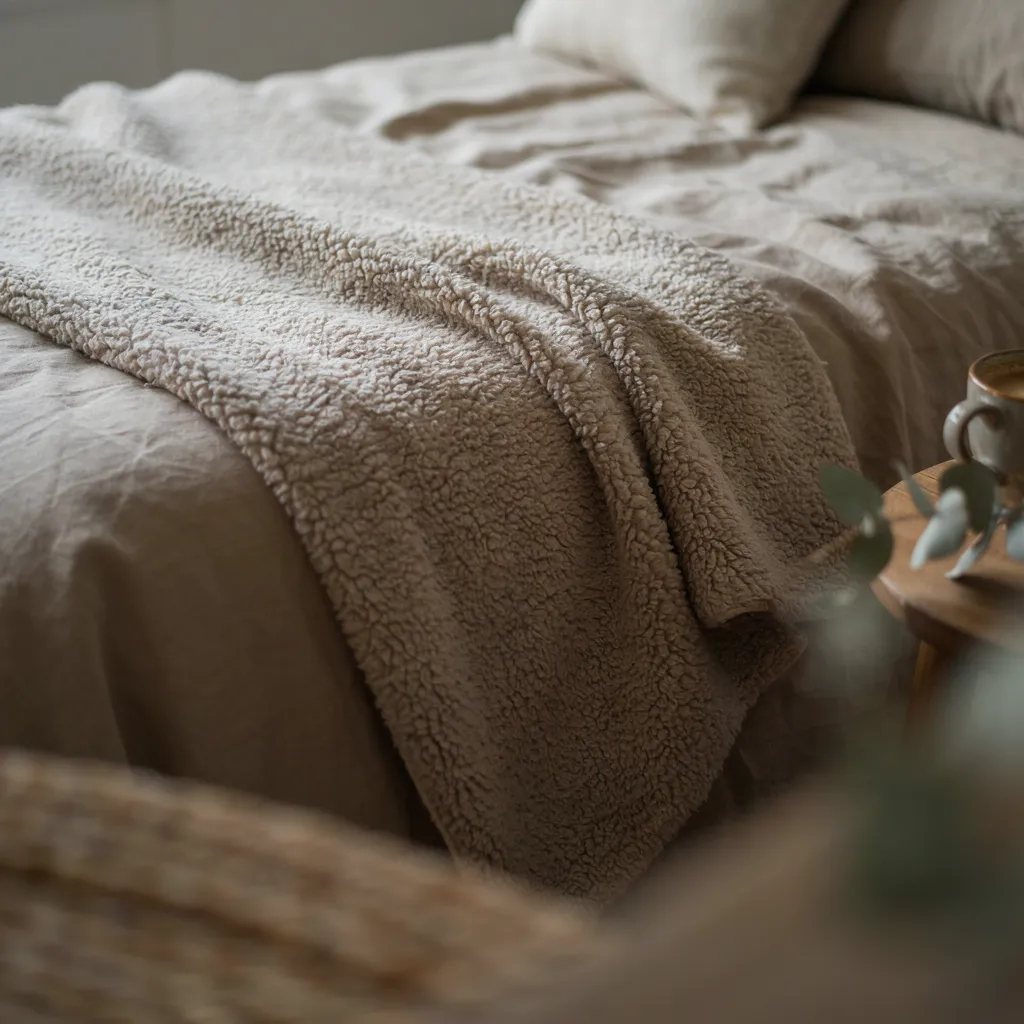 Chunky oatmeal chenille throw draped over a bed corner for autumn styling

