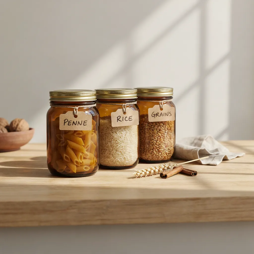 Amber glass canisters filled with pasta and grains on a kitchen counter