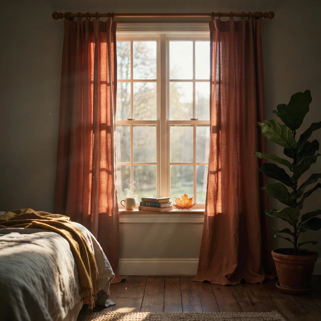 Floor-length rust linen curtain panels in a sunlit bedroom window
