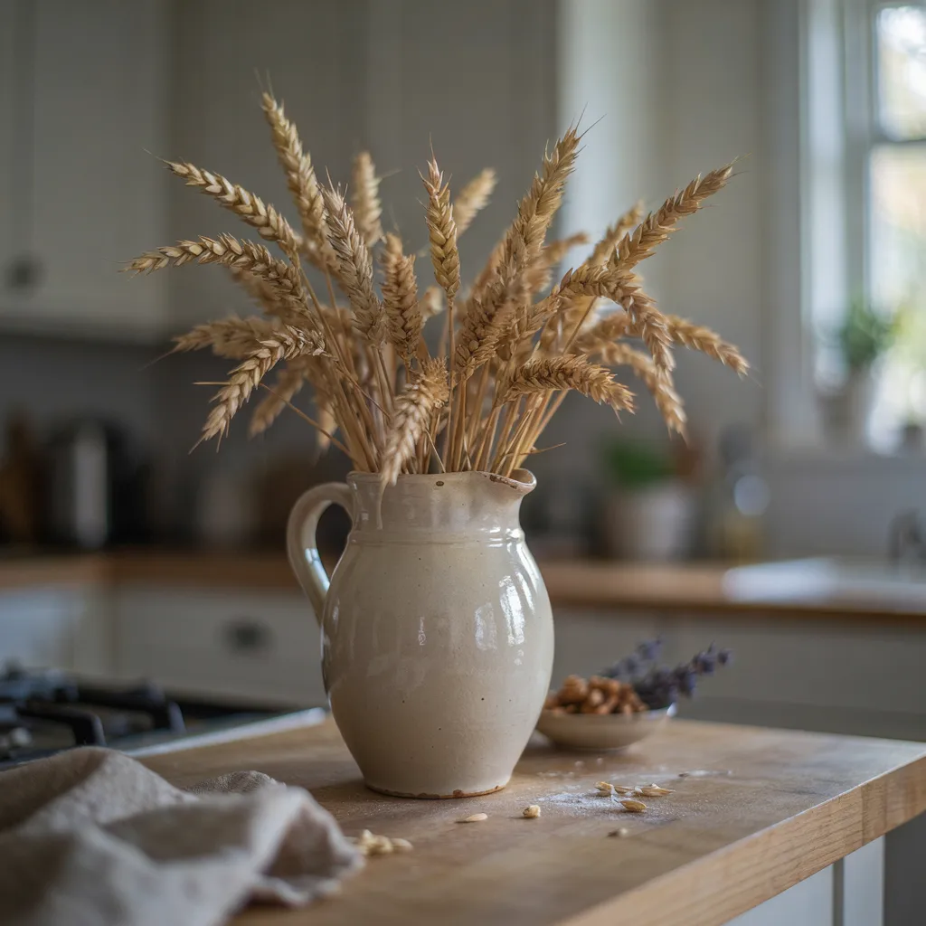 Dried wheat stalks in a stoneware pitcher on a kitchen island

