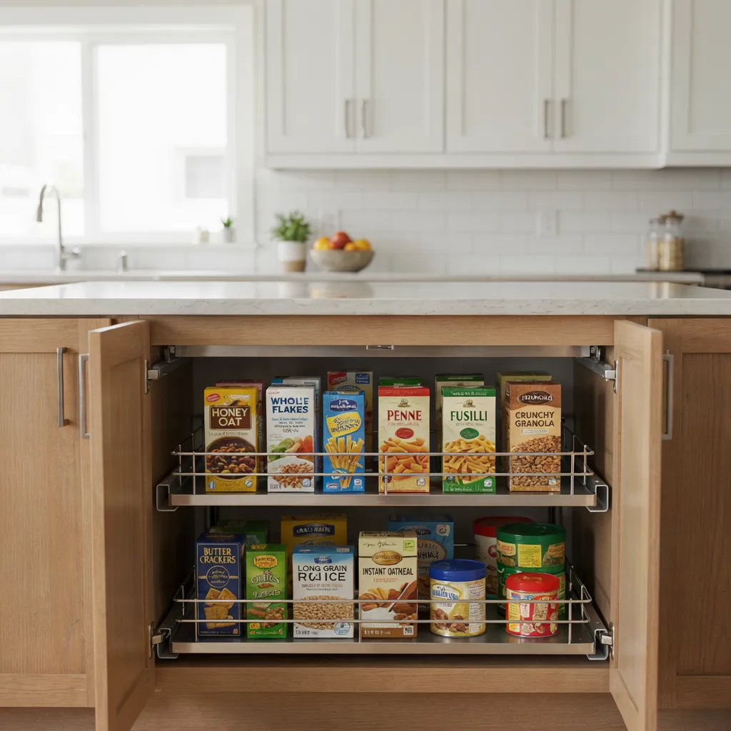 Sliding wire basket pulled out from deep cabinet
