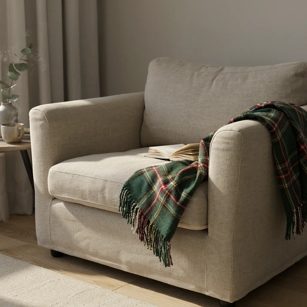 Plaid wool throw on armchair