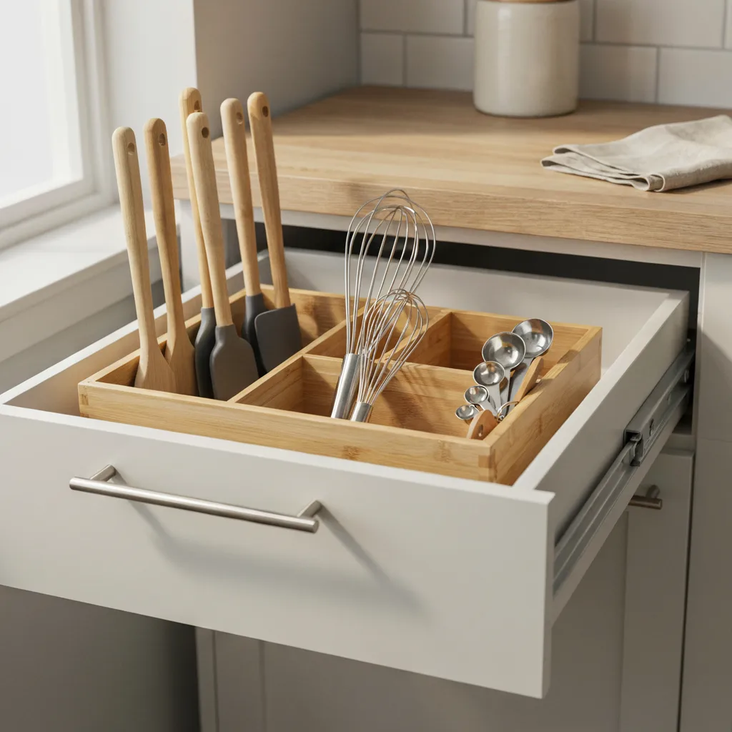 Modular bamboo dividers in utensil drawer
