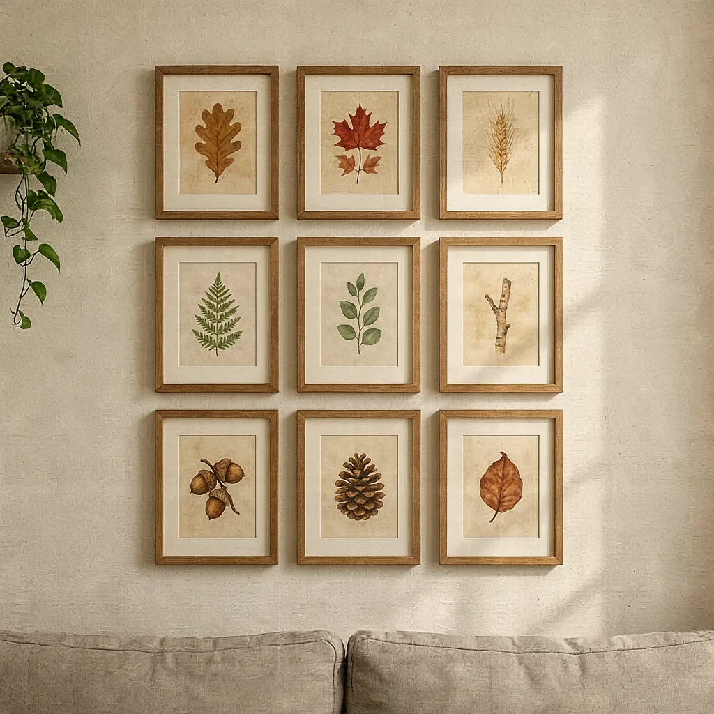 Autumn botanical gallery wall grid above a wooden bed headboard


