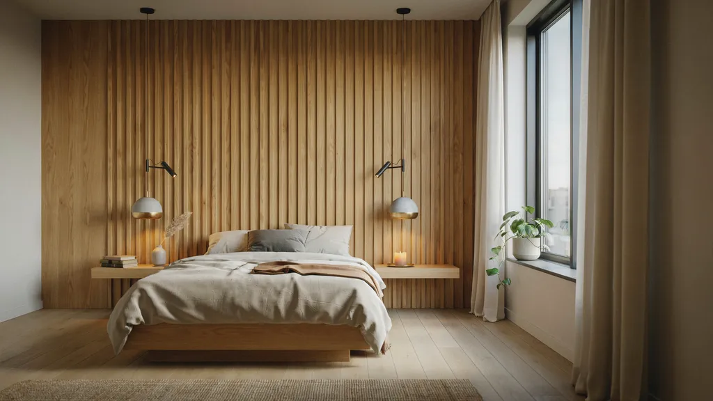Modern bedroom with walnut platform bed and fluted oak wall