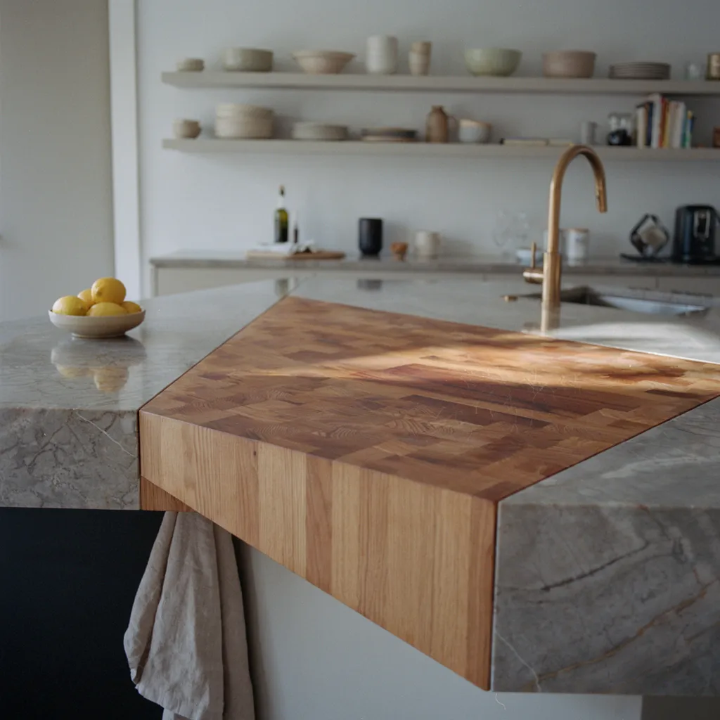 Butcher block prep section in kitchen island counter