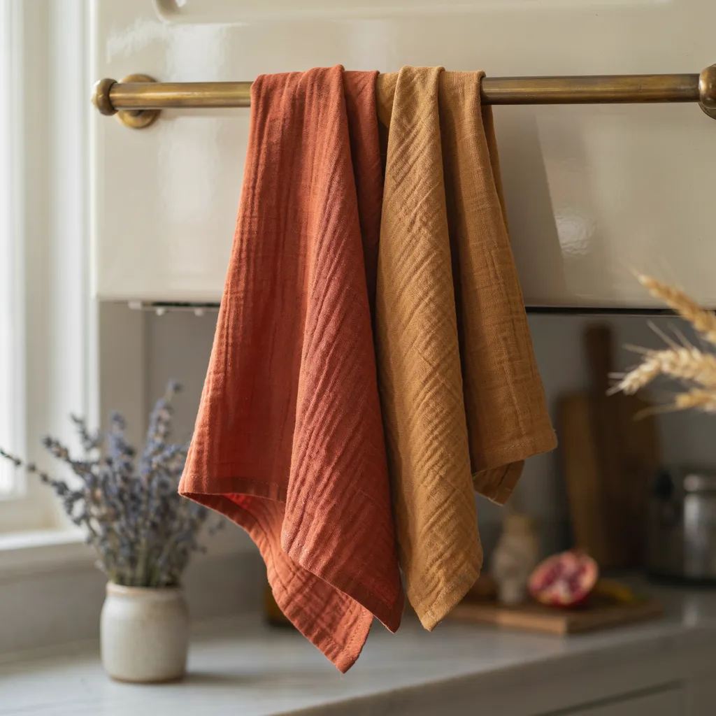 Rust and ochre waffle-weave linen towels hanging from an oven handle
