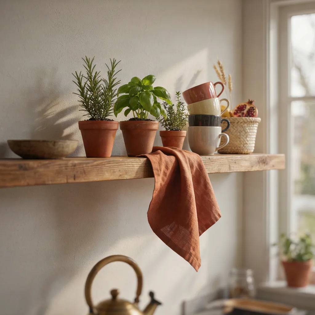 Terracotta herb pots and stoneware mugs styled on open kitchen shelving

