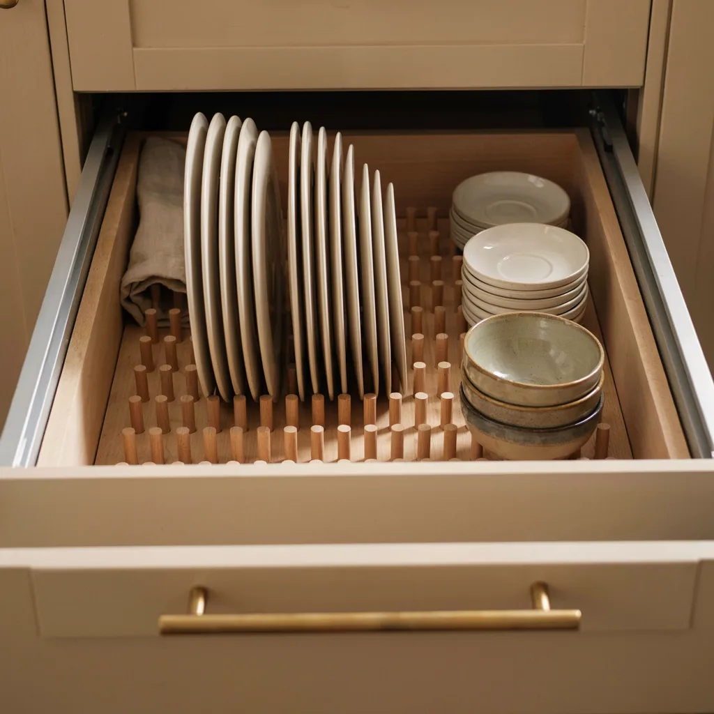 Drawer-mounted pegboard holding stacked ceramic plates
