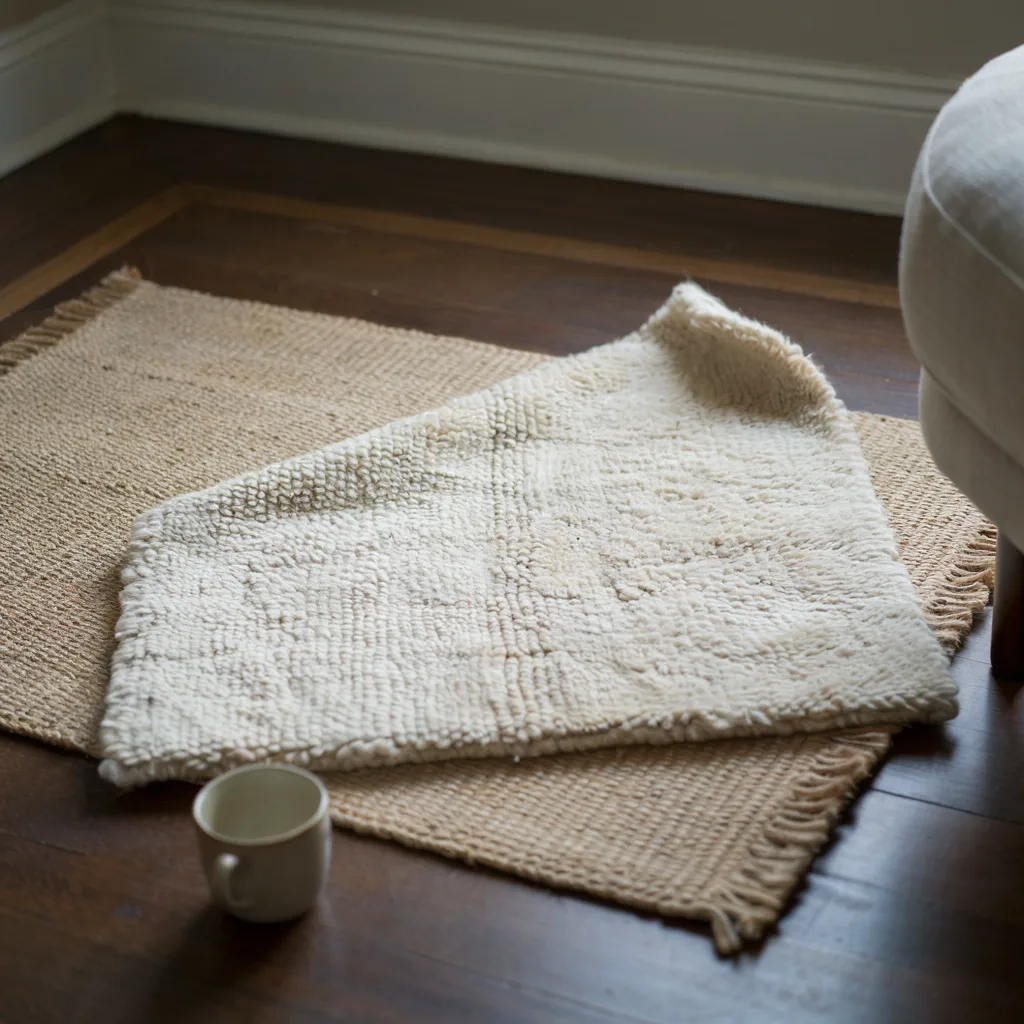 Wool rug layered over jute rug