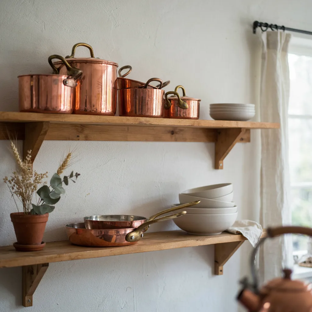 Polished copper pots displayed on open kitchen shelving

