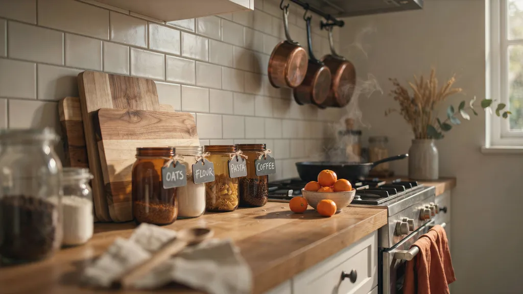 Fall kitchen decor idea with layered cutting boards, amber glass, and copper cookware