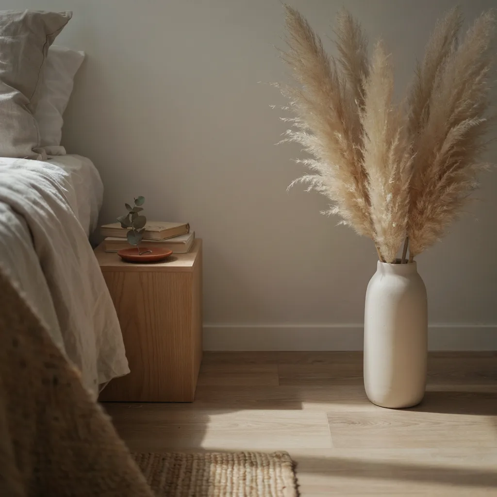 Tall ceramic vase with dried pampas grass in a bedroom corner

