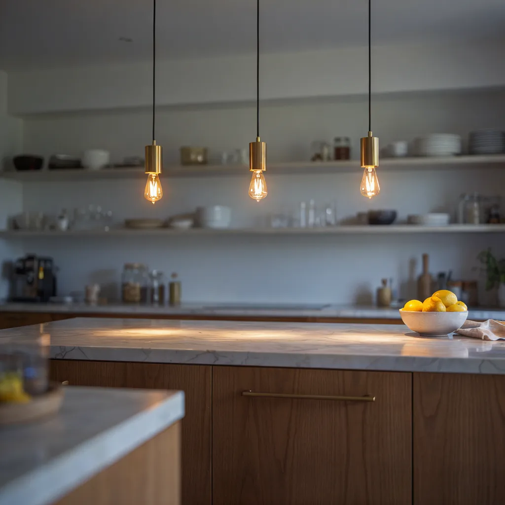 Low-slung brass pendant lights over kitchen island