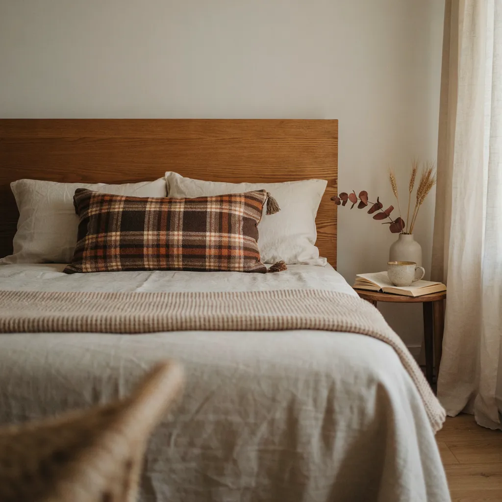 Brown and rust plaid lumbar pillow styled on a neutral bed
