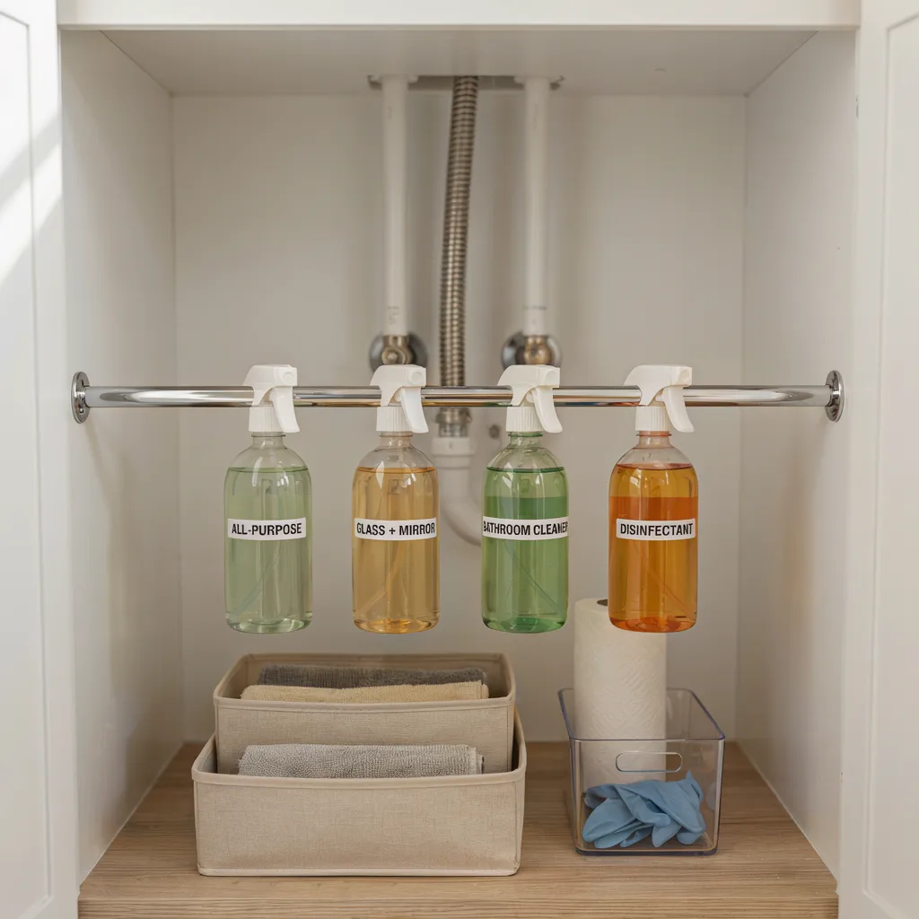 Tension rod rack holding spray bottles under sink
