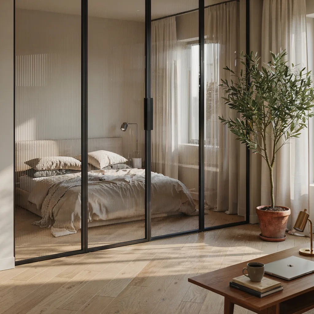 Matte black glass room divider in bedroom
