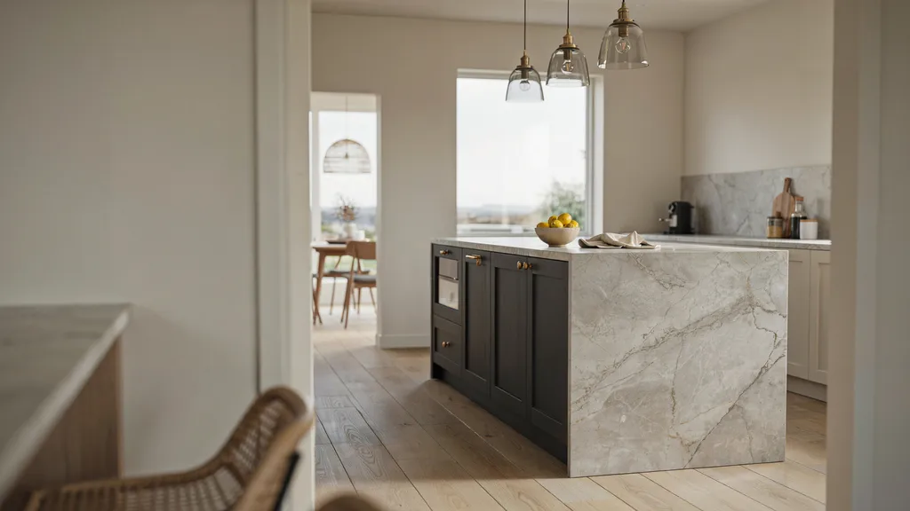 Modern kitchen island with marble waterfall edge and brass pendants