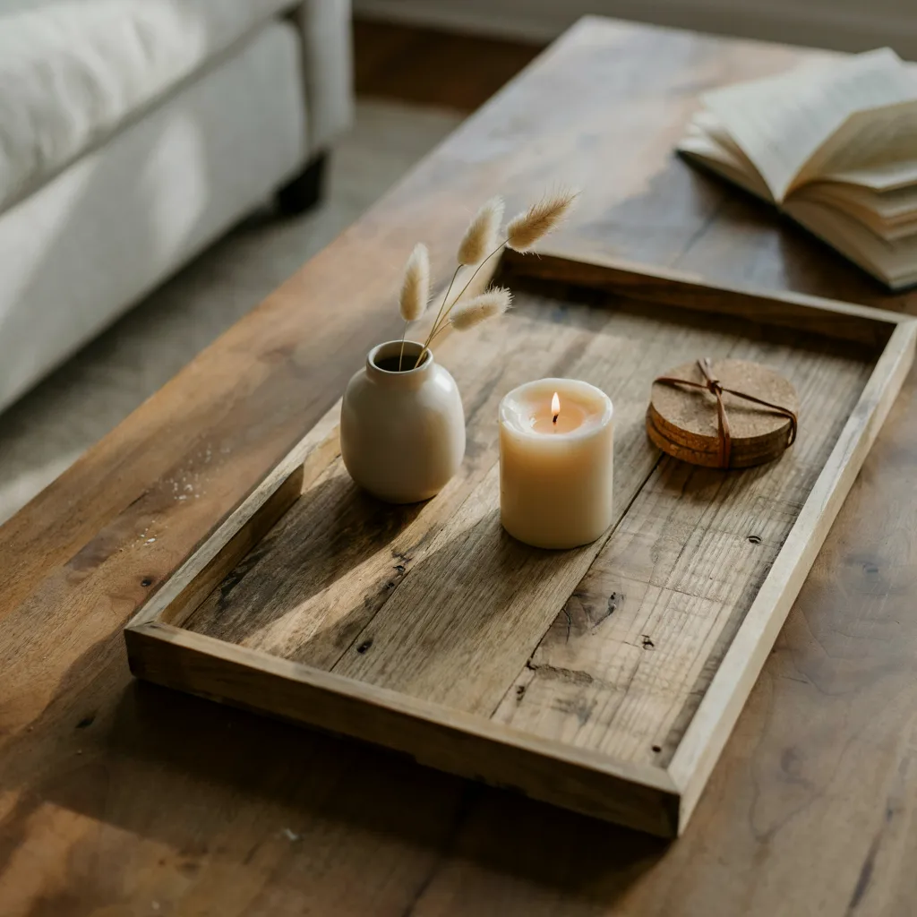 Reclaimed wood tray on living room coffee table

