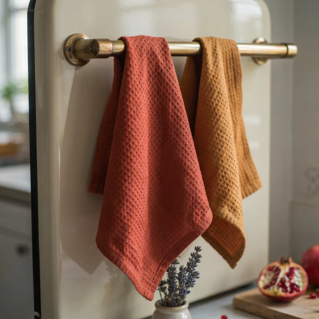 Rust and ochre waffle-weave linen towels hanging from an oven handle
