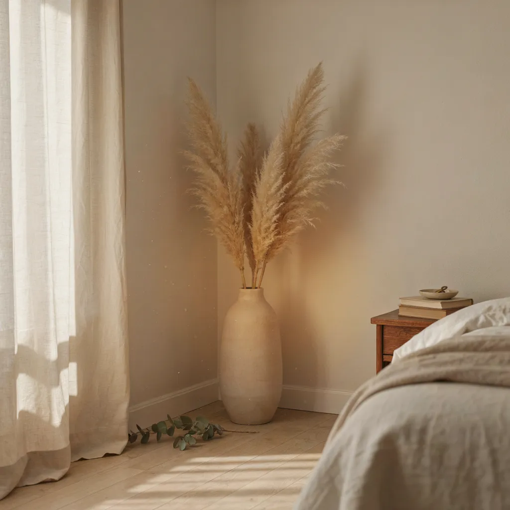Tall ceramic vase with dried pampas grass in a bedroom corner

