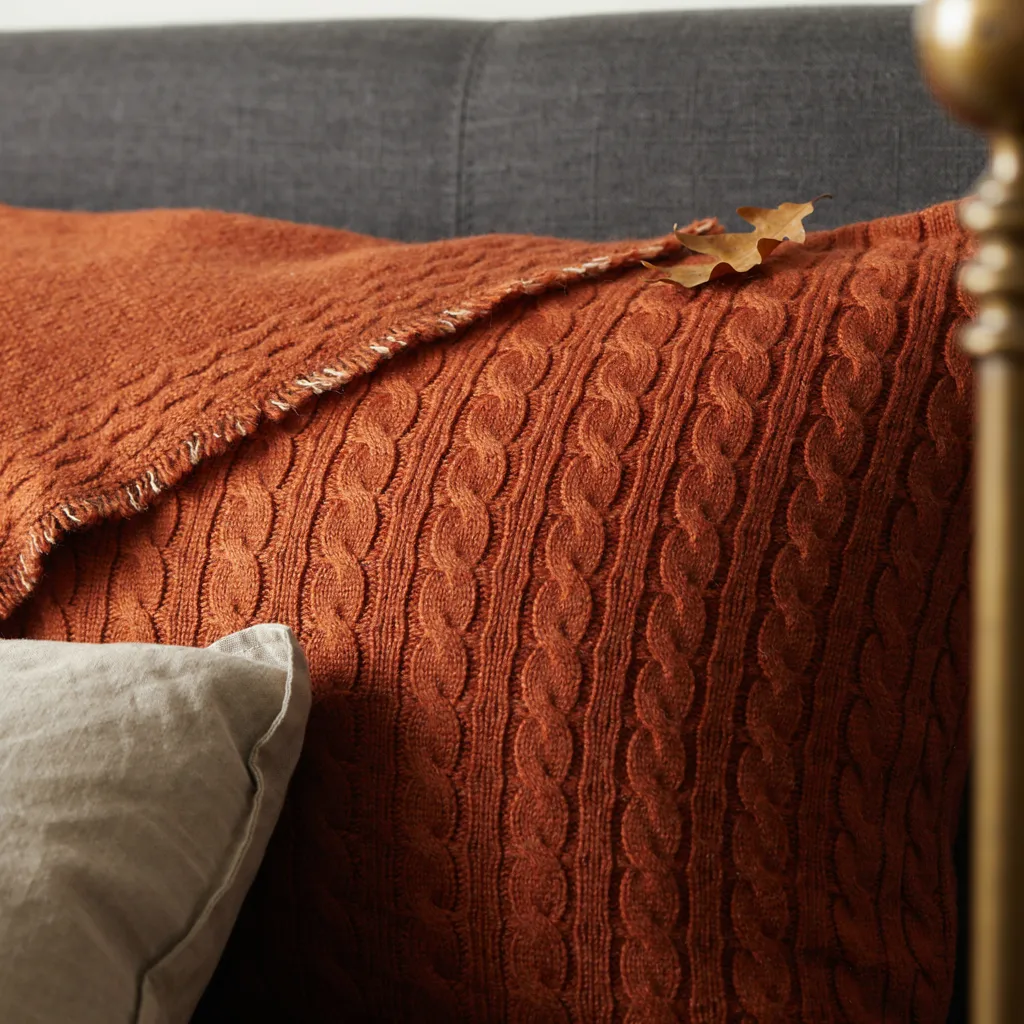 Burnt-sienna cable-knit throw folded across a charcoal upholstered headboard