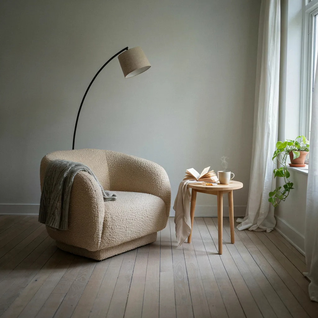 Curved bouclé accent chair in bedroom corner
