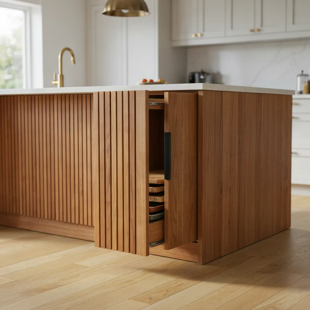 Integrated slatted storage in kitchen island end panel