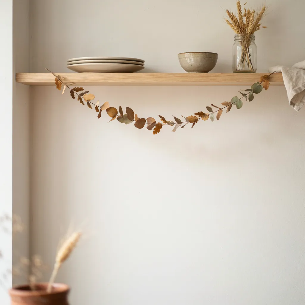 Slim dried-leaf garland draped along an open kitchen shelf

