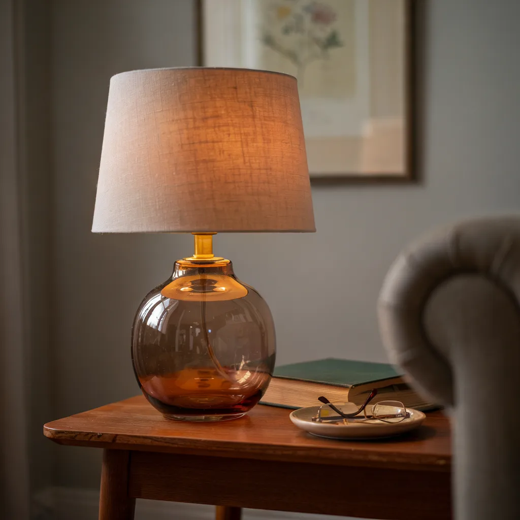 Smoked amber glass table lamp on wood side table
