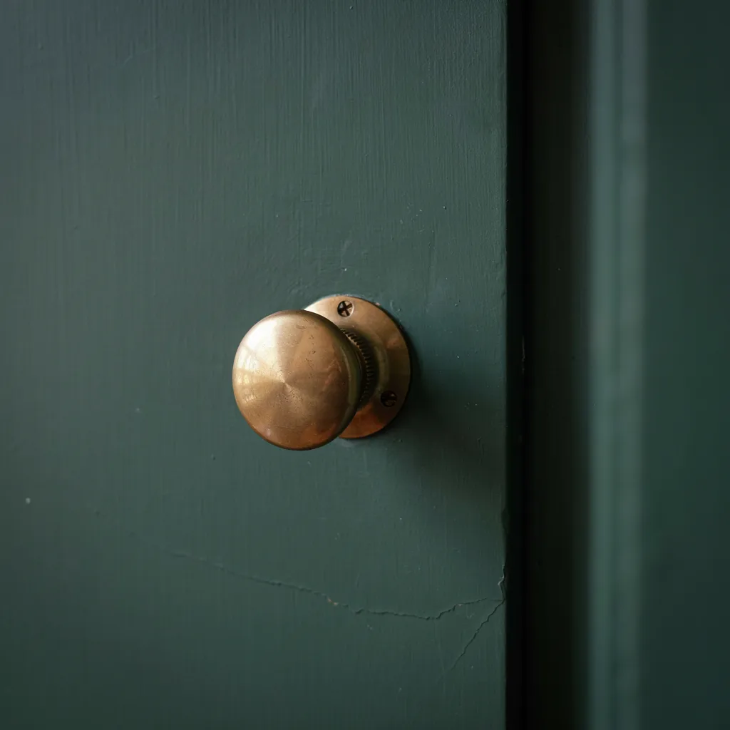 Antique brass cabinet knob on green cabinetry