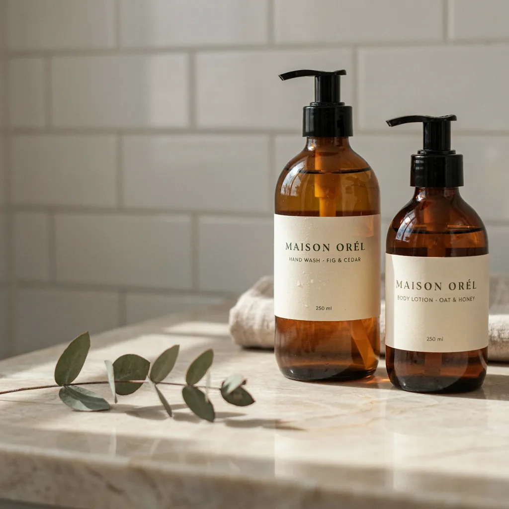 Amber glass soap dispensers on bathroom counter