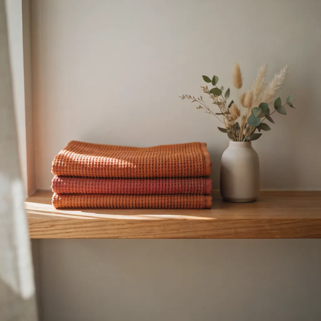 Waffle-weave towels folded on bathroom shelf