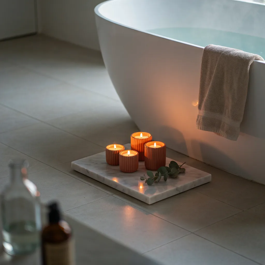 Terracotta candle holders beside bathtub