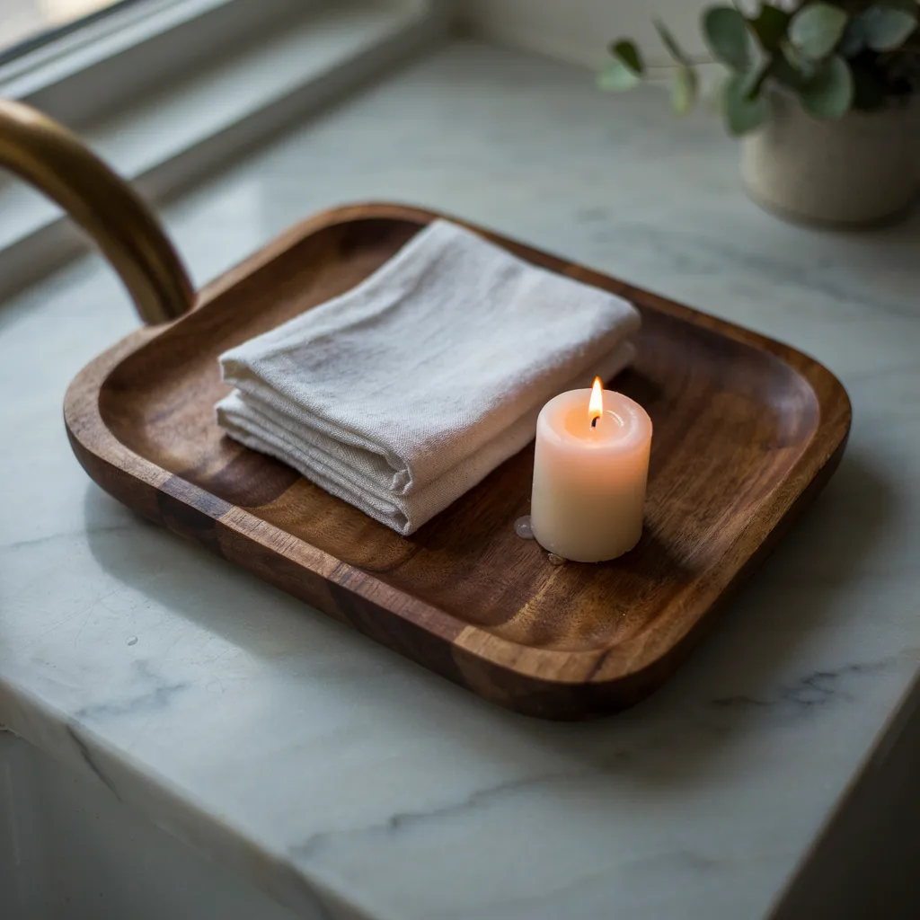 Dark walnut vanity tray with candle and washcloth