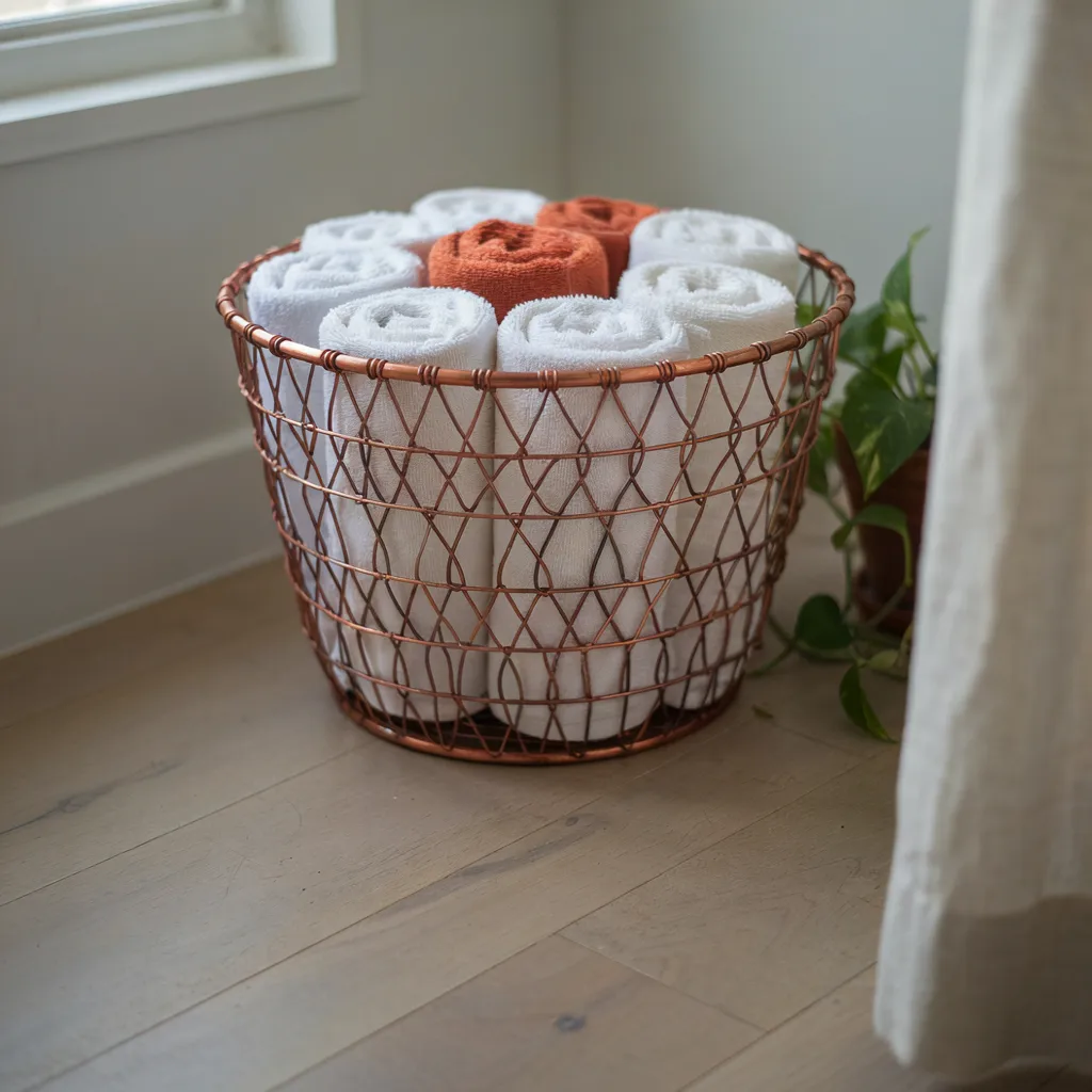Copper wire basket with rolled towels